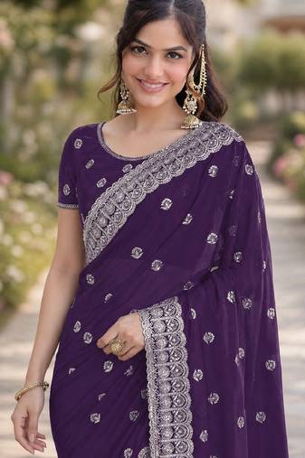 Purple soft georgette embroidery work designer party wear saree with unstitched blouse piece
