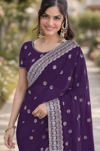 Purple soft georgette embroidery work designer party wear saree with unstitched blouse piece