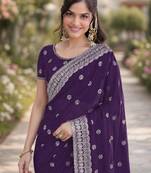 Purple georgette embroidery saree with unstitched blouse piece