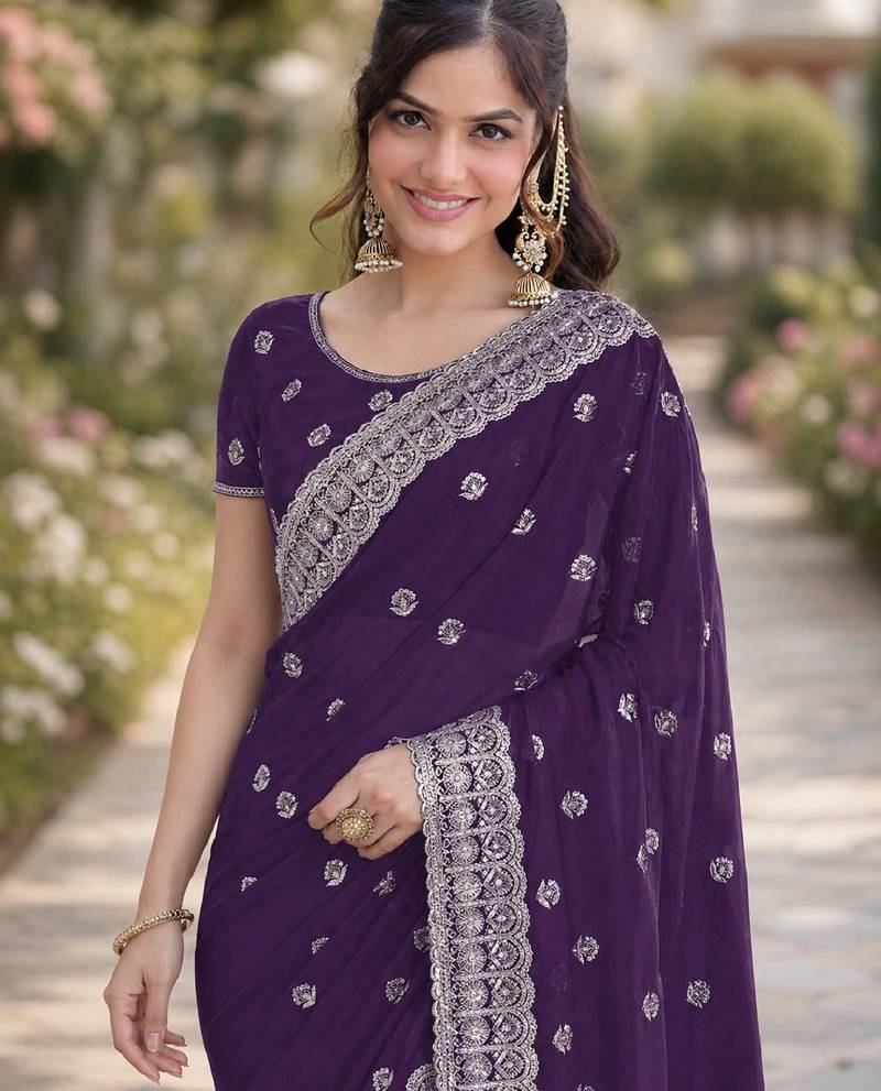 Purple soft georgette embroidery work designer party wear saree with unstitched blouse piece