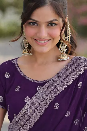 Purple georgette embroidery saree with unstitched blouse piece