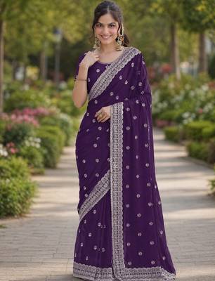 Purple georgette embroidery saree with unstitched blouse piece 3