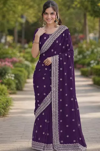 Purple georgette embroidery saree with unstitched blouse piece