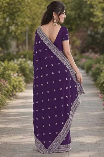 Purple georgette embroidery saree with unstitched blouse piece