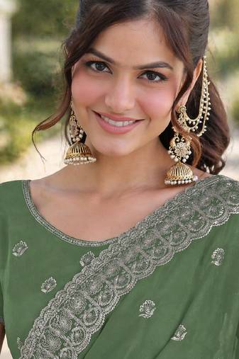 Pista soft georgette embroidery work designer party wear saree with unstitched blouse piece