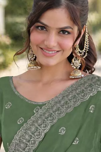 Pista soft georgette embroidery work designer party wear saree with unstitched blouse piece