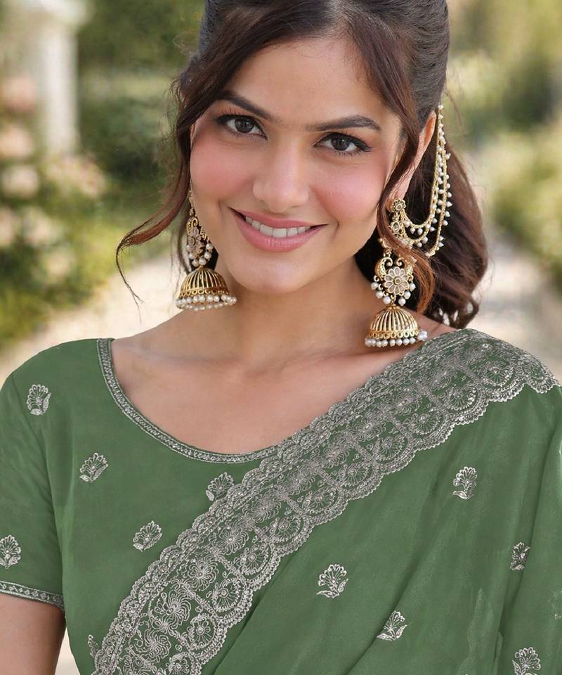 Pista soft georgette embroidery work designer party wear saree with unstitched blouse piece