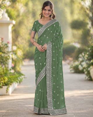 Pista georgette embroidery saree with unstitched blouse piece 2