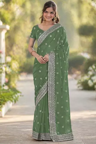 Pista georgette embroidery saree with unstitched blouse piece
