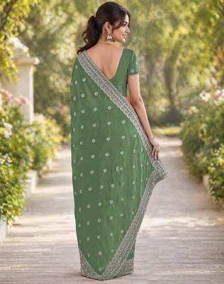 Pista georgette embroidery saree with unstitched blouse piece 3