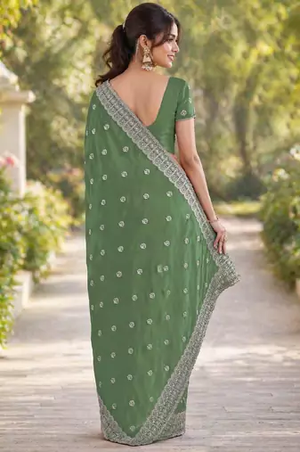 Pista georgette embroidery saree with unstitched blouse piece