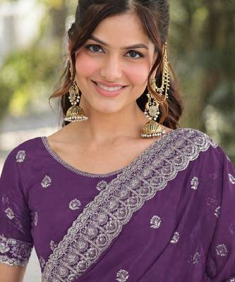 Lavender georgette embroidery saree with unstitched blouse piece 1
