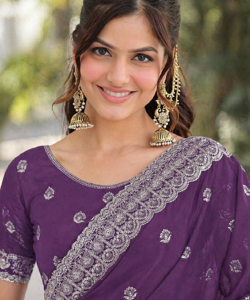 Lavender soft georgette embroidery work designer party wear saree with unstitched blouse piece
