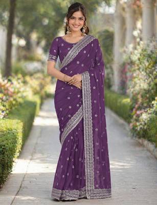 Lavender georgette embroidery saree with unstitched blouse piece 2