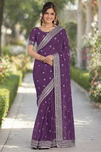 Lavender georgette embroidery saree with unstitched blouse piece