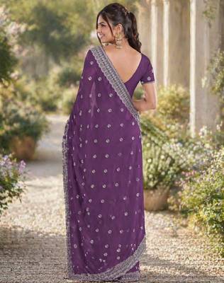 Lavender georgette embroidery saree with unstitched blouse piece 3