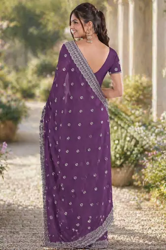 Lavender georgette embroidery saree with unstitched blouse piece