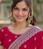 Pink georgette embroidery saree with unstitched blouse piece