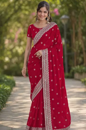 Pink georgette embroidery saree with unstitched blouse piece