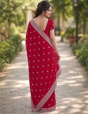 Pink georgette embroidery saree with unstitched blouse piece 3