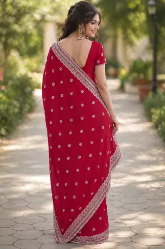 Pink georgette embroidery saree with unstitched blouse piece