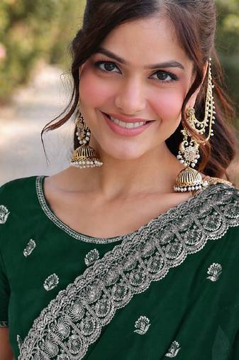 Green soft georgette embroidery work designer party wear saree with unstitched blouse piece
