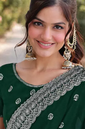 Green soft georgette embroidery work designer party wear saree with unstitched blouse piece