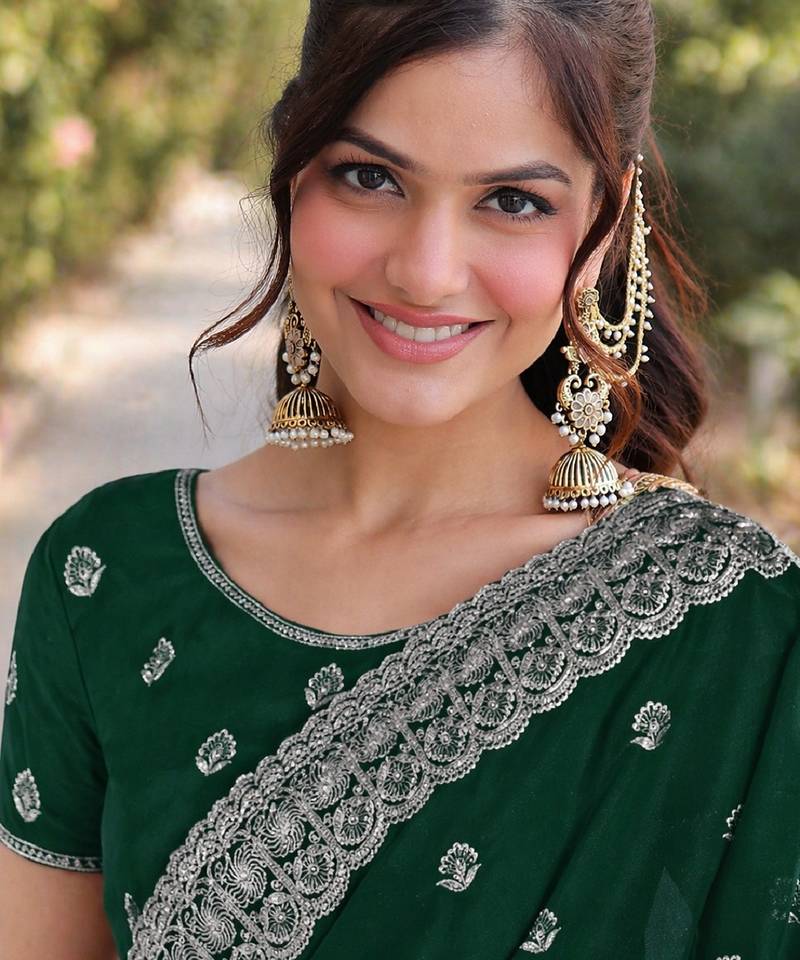 Green soft georgette embroidery work designer party wear saree with unstitched blouse piece