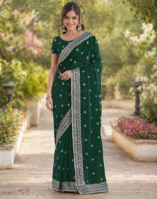 Green georgette embroidery saree with unstitched blouse piece 2