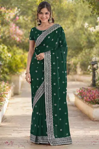 Green georgette embroidery saree with unstitched blouse piece