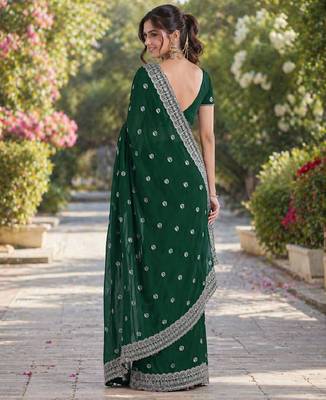 Green georgette embroidery saree with unstitched blouse piece 3