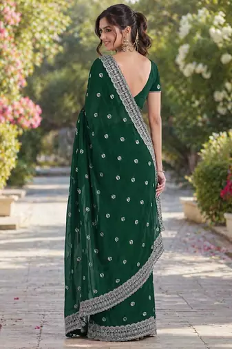 Green georgette embroidery saree with unstitched blouse piece