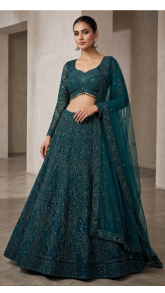 bottle green net lehenga choli with thread embroidery 1