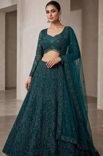 Bottle green net designer sweetheart neck lehenga choli