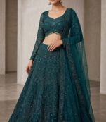 Bottle green net designer sweetheart neck lehenga choli