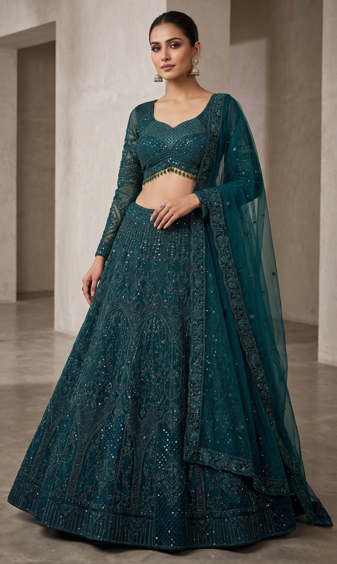 Bottle green net designer sweetheart neck lehenga choli