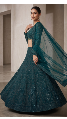 bottle green net lehenga choli with thread embroidery 2