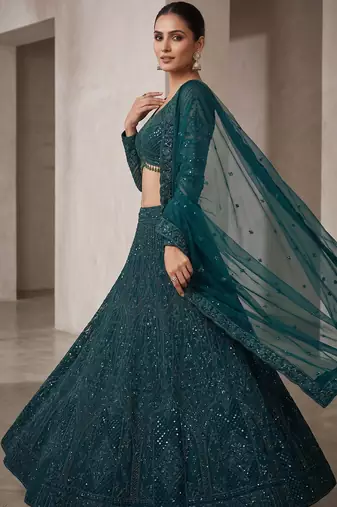 bottle green net lehenga choli with thread embroidery
