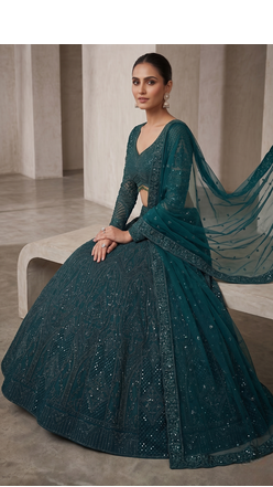 bottle green net lehenga choli with thread embroidery 3