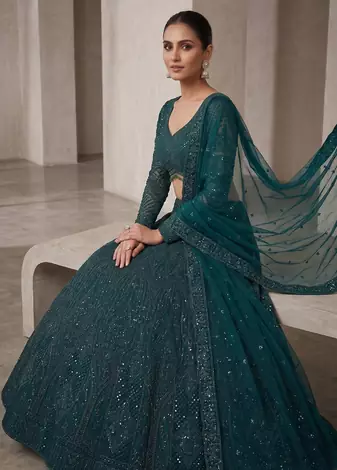 bottle green net lehenga choli with thread embroidery