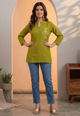 Green silk cotton thread short kurti 1