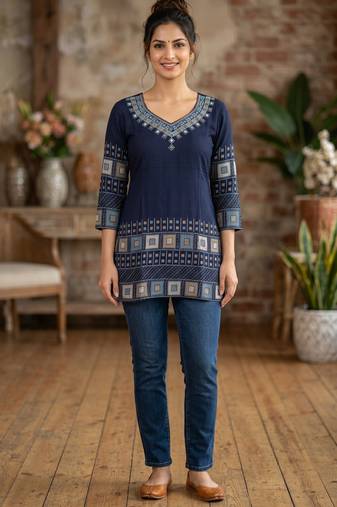 Navy blue rayon cotton geometric printed short kurti
