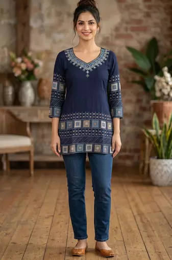Navy blue rayon cotton geometric printed short kurti