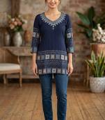 Navy blue rayon cotton geometric printed short kurti