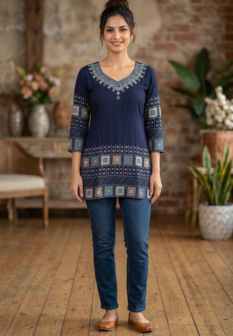 Navy blue rayon cotton geometric printed short kurti