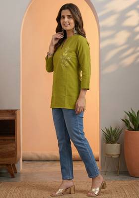 Green silk cotton thread short kurti 4