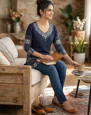 Navy blue rayon cotton geometric printed short kurti 2