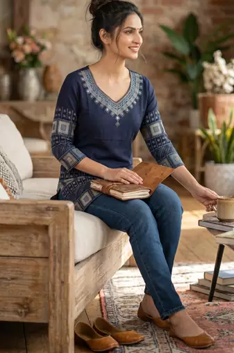 Navy blue rayon cotton geometric printed short kurti
