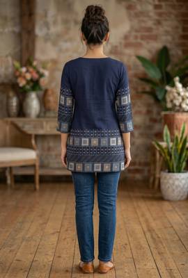 Navy blue rayon cotton geometric printed short kurti 3