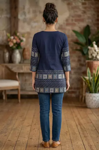Navy blue rayon cotton geometric printed short kurti